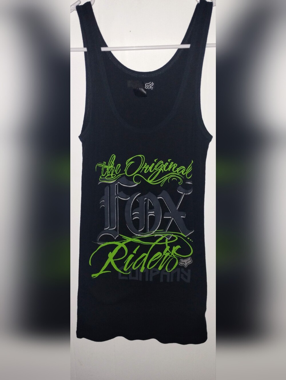 Fox Black Tank with Neon Green Script and Silver & Gray Fox Graphic